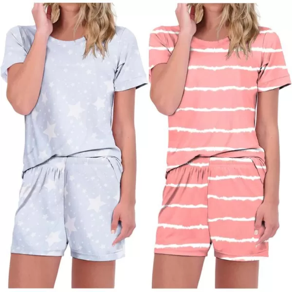 Ekouaer 2 Pack Pajama Sets Womenss Short Sleeve Tops with Shorts Comfy Pjs Casual Lounge Sets Sleepwear with PocketsPink StripedStar