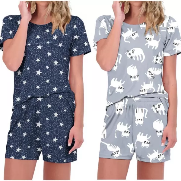 Ekouaer 2 Pack Pajama Sets Womenss Short Sleeve Tops with Shorts Comfy Pjs Casual Lounge Sets Sleepwear with PocketsStarCat