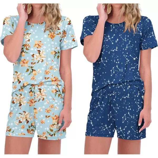 Ekouaer 2 Pack Pajama Sets Womenss Short Sleeve Tops with Shorts Comfy Pjs Casual Lounge Sets Sleepwear with PocketsStarFloral