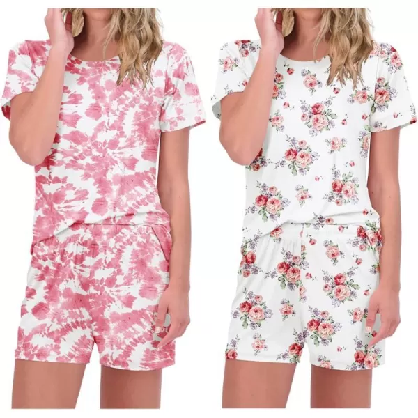 Ekouaer 2 Pack Pajama Sets Womenss Short Sleeve Tops with Shorts Comfy Pjs Casual Lounge Sets Sleepwear with PocketsTie DyeWhite Floral