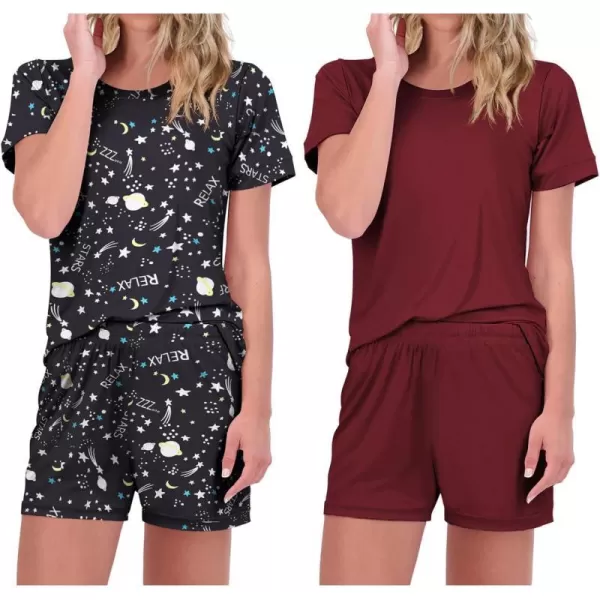 Ekouaer 2 Pack Pajama Sets Womenss Short Sleeve Tops with Shorts Comfy Pjs Casual Lounge Sets Sleepwear with PocketsWine RedStar