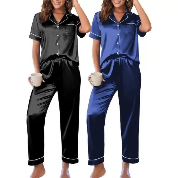 Ekouaer 2 Pack Satin Pajama Set for Women 4 Piece Short Sleeve Pj Set Silk Sleepwear Top and Long Pant Lounge SetBlackBlue