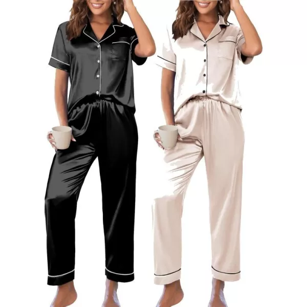 Ekouaer 2 Pack Satin Pajama Set for Women 4 Piece Short Sleeve Pj Set Silk Sleepwear Top and Long Pant Lounge SetBlackChampagne