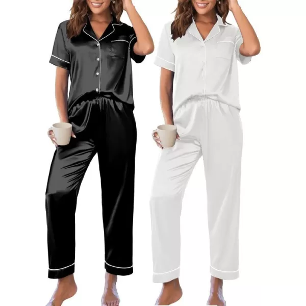 Ekouaer 2 Pack Satin Pajama Set for Women 4 Piece Short Sleeve Pj Set Silk Sleepwear Top and Long Pant Lounge SetBlackWhite