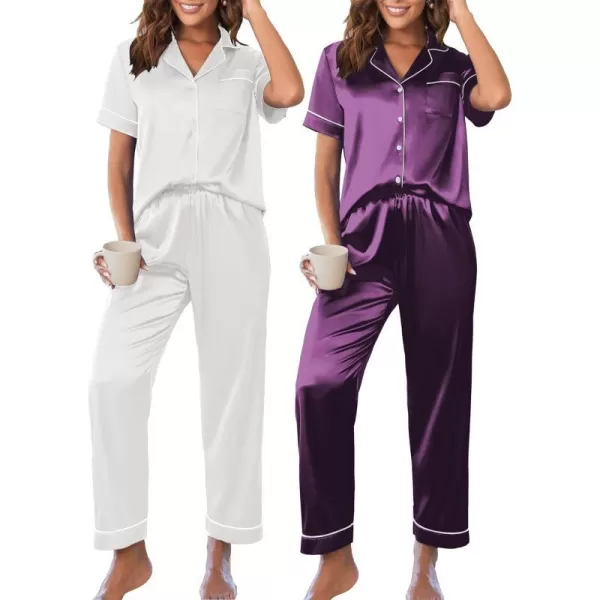 Ekouaer 2 Pack Satin Pajama Set for Women 4 Piece Short Sleeve Pj Set Silk Sleepwear Top and Long Pant Lounge SetWhitePurple