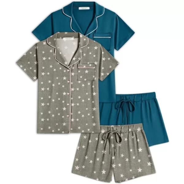 Ekouaer 2 Pack Womens Pajamas Set Button Down Classic Sleepwear Short Sleeve Comfy Pjs Loungewear SetGp5 Blue Green  Light Gray Stars