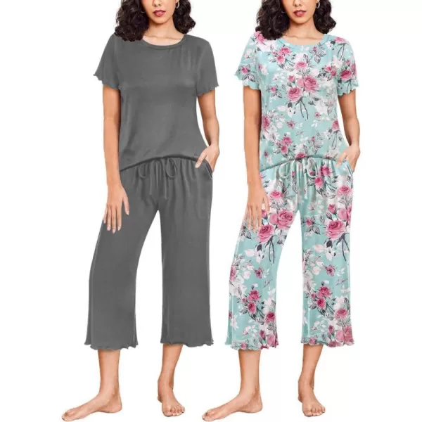 Ekouaer 2 Pack Womens Pajamas Set Short Sleeve Sleepwear Capri Pants Pjs Sets Soft Loungewear With Pockets2pack Rose Print  Grey