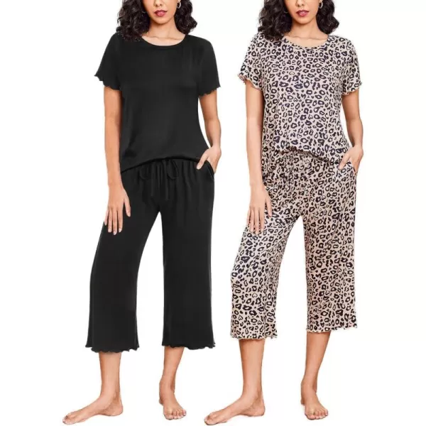 Ekouaer 2 Pack Womens Pajamas Set Short Sleeve Sleepwear Capri Pants Pjs Sets Soft Loungewear With Pockets2packblack  Leopard