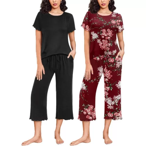 Ekouaer 2 Pack Womens Pajamas Set Short Sleeve Sleepwear Capri Pants Pjs Sets Soft Loungewear With Pockets2packblack  Wine Flower