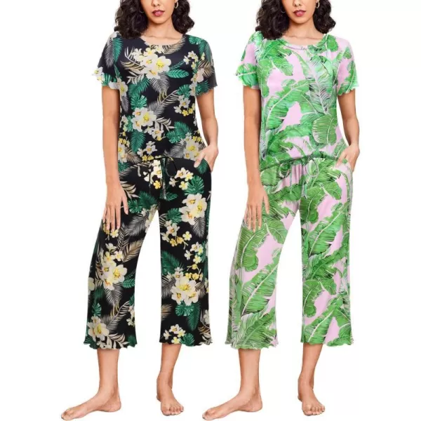 Ekouaer 2 Pack Womens Pajamas Set Short Sleeve Sleepwear Capri Pants Pjs Sets Soft Loungewear With Pockets2packblack Flower  Green Leaf