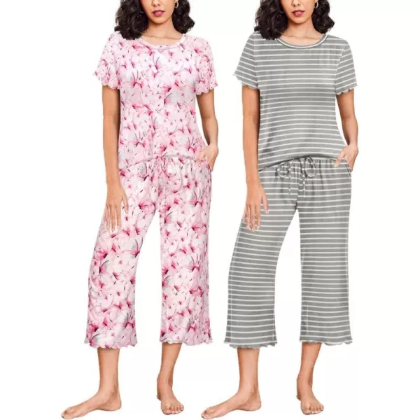 Ekouaer 2 Pack Womens Pajamas Set Short Sleeve Sleepwear Capri Pants Pjs Sets Soft Loungewear With Pockets2packbutterfly  Gray Stripe