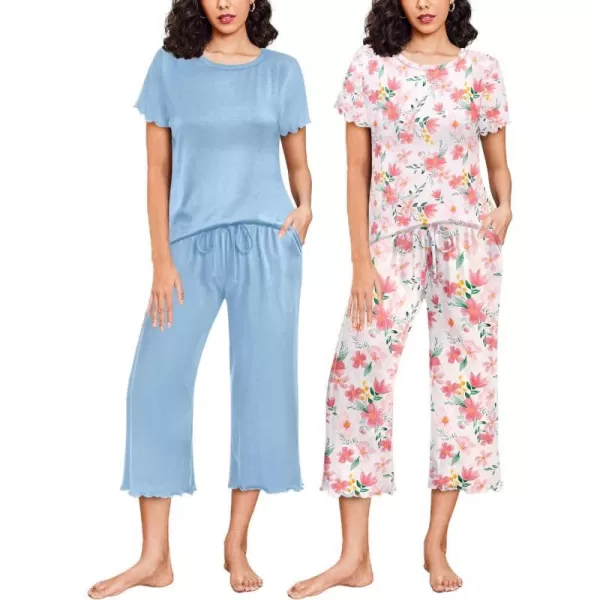 Ekouaer 2 Pack Womens Pajamas Set Short Sleeve Sleepwear Capri Pants Pjs Sets Soft Loungewear With Pockets2packfloral Print  Blue