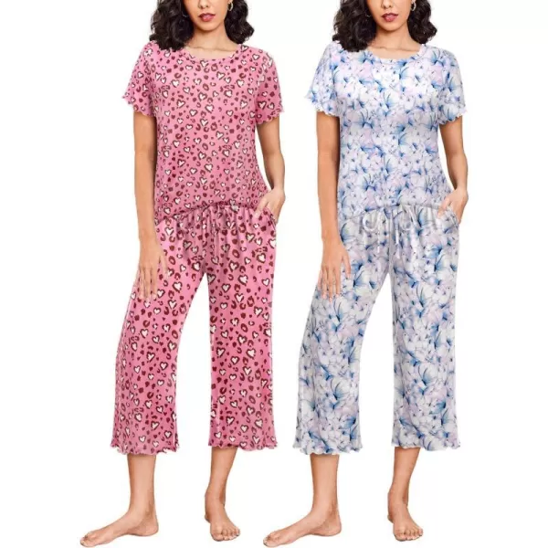 Ekouaer 2 Pack Womens Pajamas Set Short Sleeve Sleepwear Capri Pants Pjs Sets Soft Loungewear With Pockets2packleopard  Butterfly Print