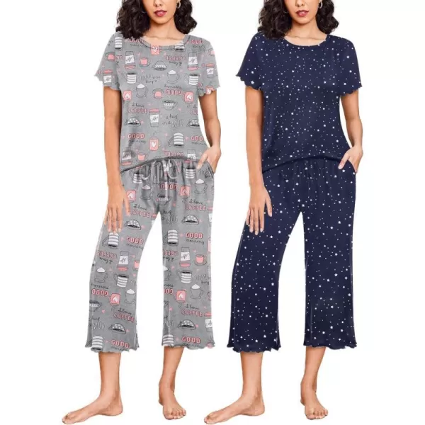 Ekouaer 2 Pack Womens Pajamas Set Short Sleeve Sleepwear Capri Pants Pjs Sets Soft Loungewear With Pockets2packnavy Star  Coffee