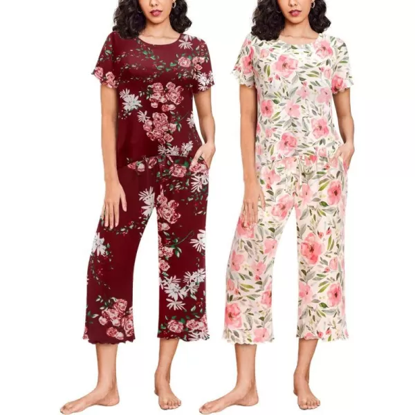 Ekouaer 2 Pack Womens Pajamas Set Short Sleeve Sleepwear Capri Pants Pjs Sets Soft Loungewear With Pockets2packwine Flower  Pink Floral