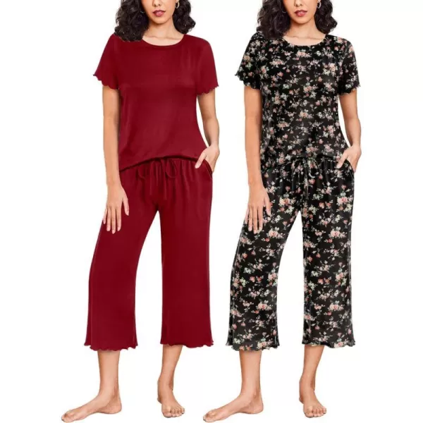 Ekouaer 2 Pack Womens Pajamas Set Short Sleeve Sleepwear Capri Pants Pjs Sets Soft Loungewear With Pockets2packwine Red  Floral