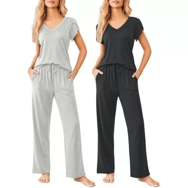 Ekouaer 2 Pack Womens Pajamas Short Sleeve Sleepwear Top with Pants SuperSoft Printed Lounge Sets SXXLGp10gray Gray Stripe