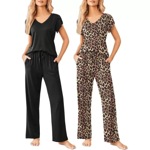 Ekouaer 2 Pack Womens Pajamas Short Sleeve Sleepwear Top with Pants SuperSoft Printed Lounge Sets SXXLGp1blackleopard