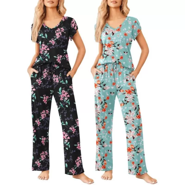 Ekouaer 2 Pack Womens Pajamas Short Sleeve Sleepwear Top with Pants SuperSoft Printed Lounge Sets SXXLGp8green Flowerblack Flower