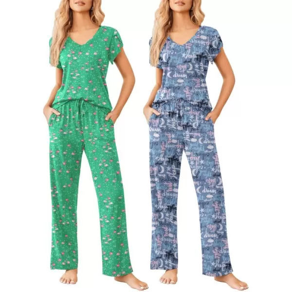 Ekouaer 2 Pack Womens Pajamas Short Sleeve Sleepwear Top with Pants SuperSoft Printed Lounge Sets SXXLGp9blue Alphabetgreen Flamingo