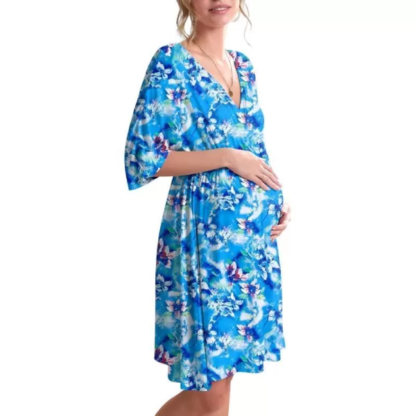 Ekouaer 3 in 1 LaborDeliveryHospital Gown Maternity Dress Nursing Nightgown Sleepwear for BreastfeedingAqua Blue Floral