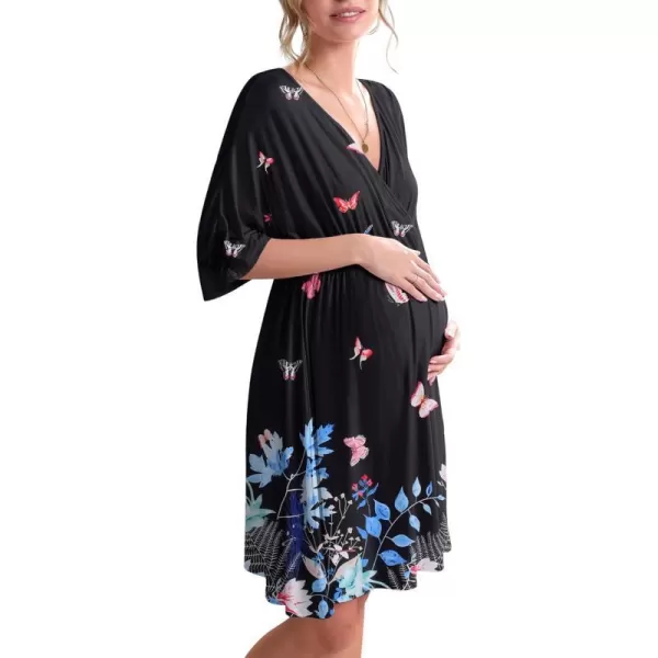 Ekouaer 3 in 1 LaborDeliveryHospital Gown Maternity Dress Nursing Nightgown Sleepwear for BreastfeedingBlack Butterfly