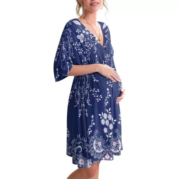 Ekouaer 3 in 1 LaborDeliveryHospital Gown Maternity Dress Nursing Nightgown Sleepwear for BreastfeedingNavy Flower Vine