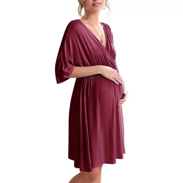 Ekouaer 3 in 1 LaborDeliveryHospital Gown Maternity Dress Nursing Nightgown Sleepwear for BreastfeedingWine Red