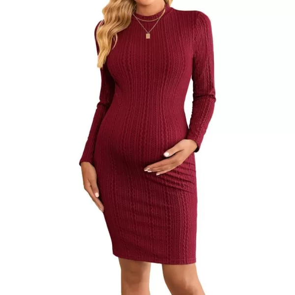 Ekouaer Maternity Dress Rib Knit Mock Turtleneck Long Sleeve Stretchy Bodycon Pregnancy DressesWine Red