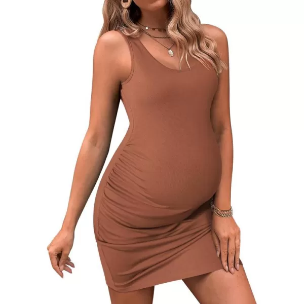 Ekouaer Maternity Dresses for Baby Shower Soft Maternity Bodycon Dress Sleeveless Ribbed Side Ruching Pregnancy DressLight Brown