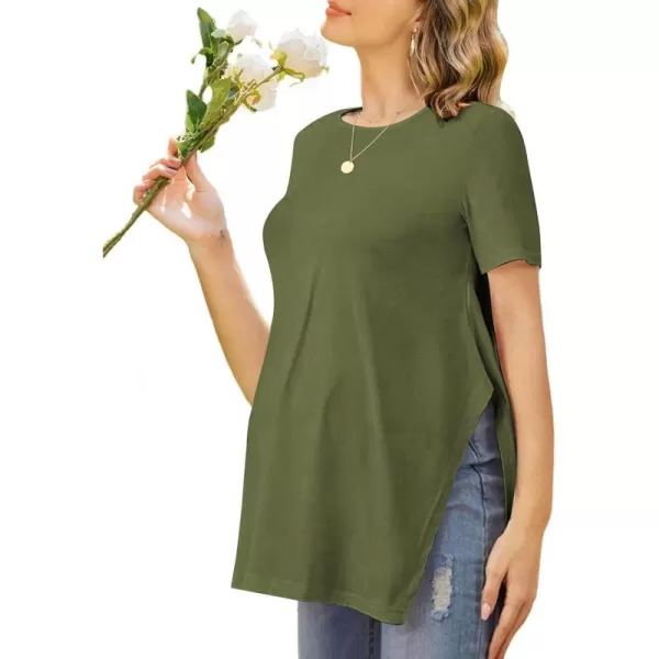 Ekouaer Maternity Shirts Short Sleeve Pregnancy Tops T Shirt Split Side Casual Crewneck Pregnant Tunic Tee Blouses ClothesArmy Green