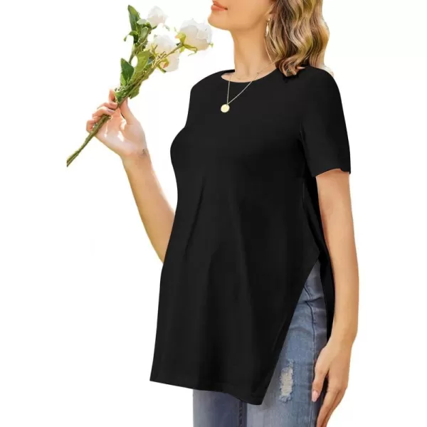 Ekouaer Maternity Shirts Short Sleeve Pregnancy Tops T Shirt Split Side Casual Crewneck Pregnant Tunic Tee Blouses ClothesBlack