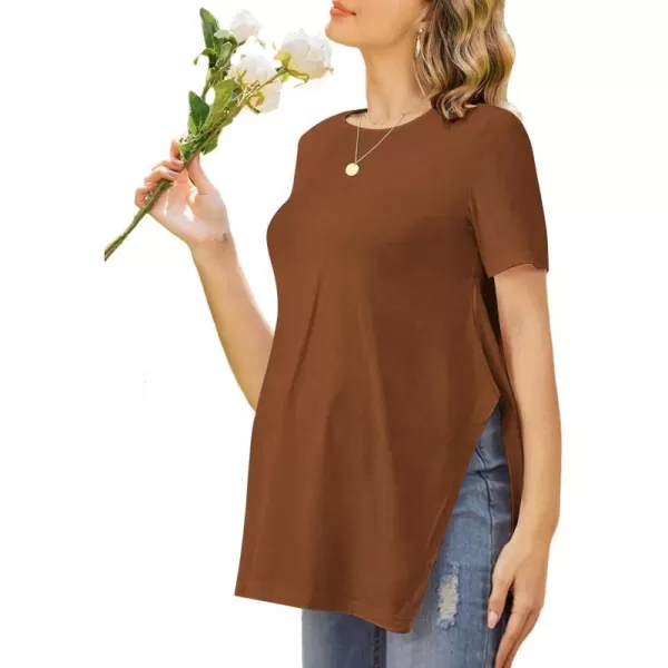 Ekouaer Maternity Shirts Short Sleeve Pregnancy Tops T Shirt Split Side Casual Crewneck Pregnant Tunic Tee Blouses ClothesBrown