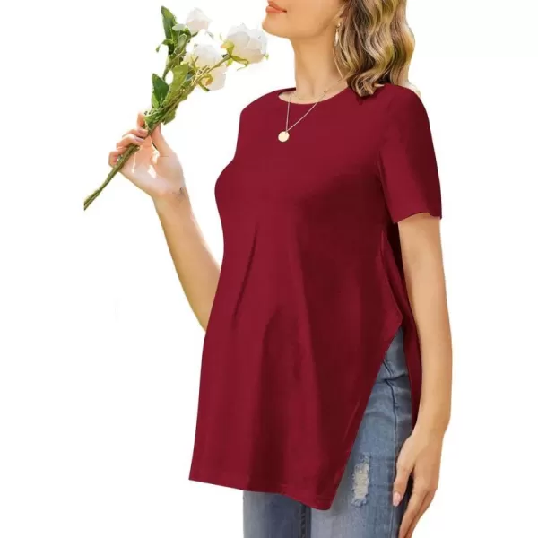 Ekouaer Maternity Shirts Short Sleeve Pregnancy Tops T Shirt Split Side Casual Crewneck Pregnant Tunic Tee Blouses ClothesWine Red