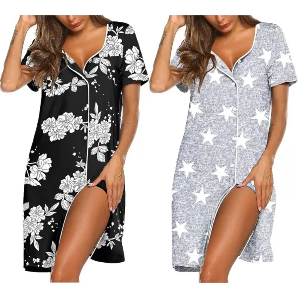 Ekouaer Nightgowns for Women 2 Pack Button Down Sleepshirt Short Sleeve Nightshirt Soft Sleepwear V Neck Pajama DressBlack FloralGrey Star