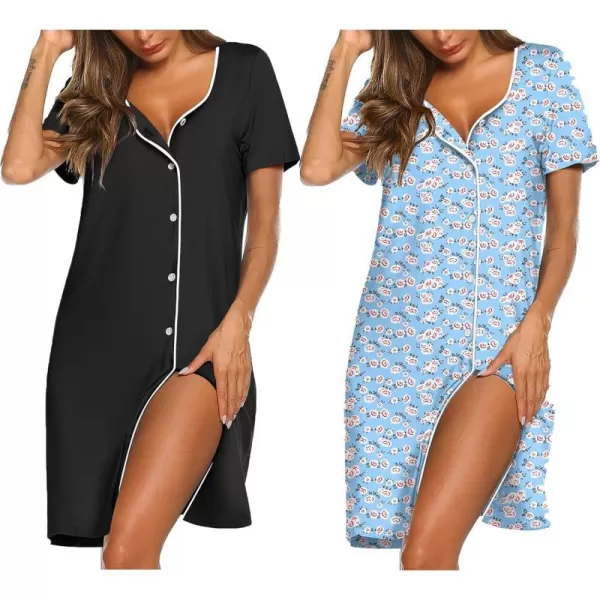 Ekouaer Nightgowns for Women 2 Pack Button Down Sleepshirt Short Sleeve Nightshirt Soft Sleepwear V Neck Pajama DressBlackBlue Floral