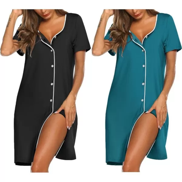 Ekouaer Nightgowns for Women 2 Pack Button Down Sleepshirt Short Sleeve Nightshirt Soft Sleepwear V Neck Pajama DressBlackBlue Green