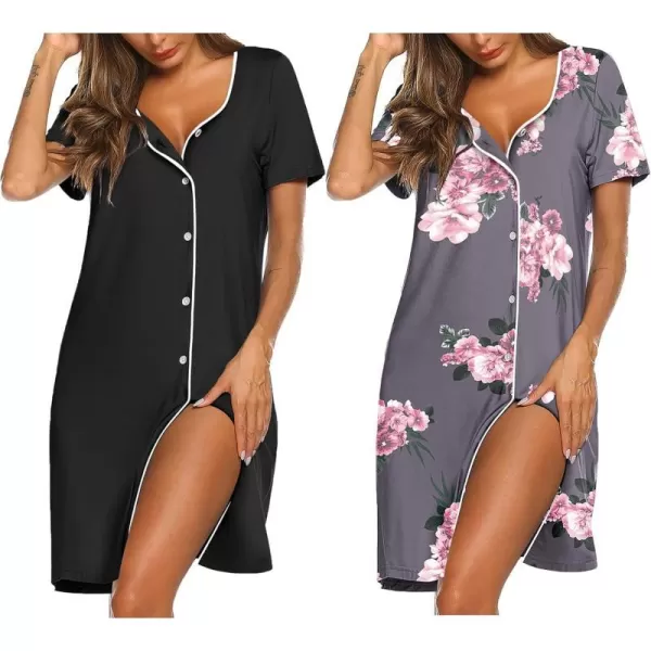 Ekouaer Nightgowns for Women 2 Pack Button Down Sleepshirt Short Sleeve Nightshirt Soft Sleepwear V Neck Pajama DressBlackGrey Floral