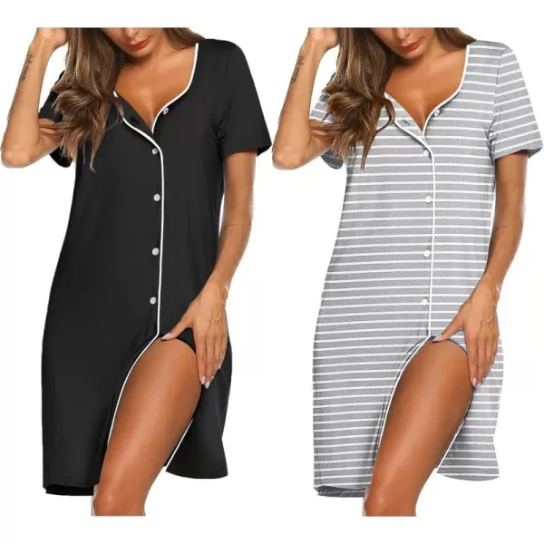 Ekouaer Nightgowns for Women 2 Pack Button Down Sleepshirt Short Sleeve Nightshirt Soft Sleepwear V Neck Pajama DressBlackGrey Stripe