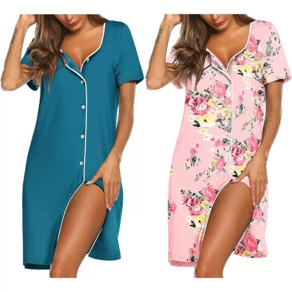 Ekouaer Nightgowns for Women 2 Pack Button Down Sleepshirt Short Sleeve Nightshirt Soft Sleepwear V Neck Pajama DressBlue GreenPink Floral