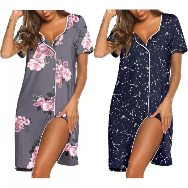 Ekouaer Nightgowns for Women 2 Pack Button Down Sleepshirt Short Sleeve Nightshirt Soft Sleepwear V Neck Pajama DressGrey FloralBlue Star