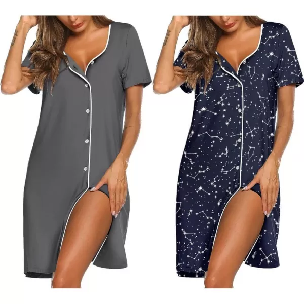 Ekouaer Nightgowns for Women 2 Pack Button Down Sleepshirt Short Sleeve Nightshirt Soft Sleepwear V Neck Pajama DressGreyBlue Star