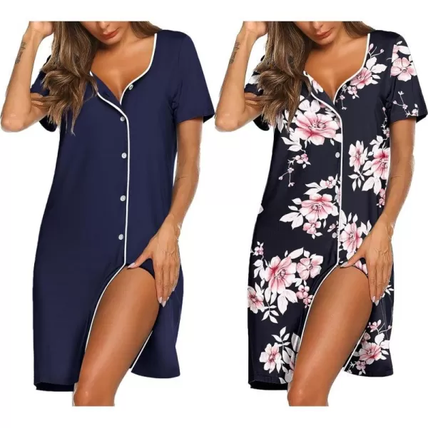 Ekouaer Nightgowns for Women 2 Pack Button Down Sleepshirt Short Sleeve Nightshirt Soft Sleepwear V Neck Pajama DressNavyBlack Floral