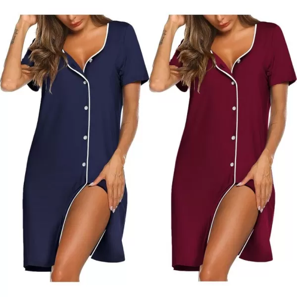 Ekouaer Nightgowns for Women 2 Pack Button Down Sleepshirt Short Sleeve Nightshirt Soft Sleepwear V Neck Pajama DressNavyRed