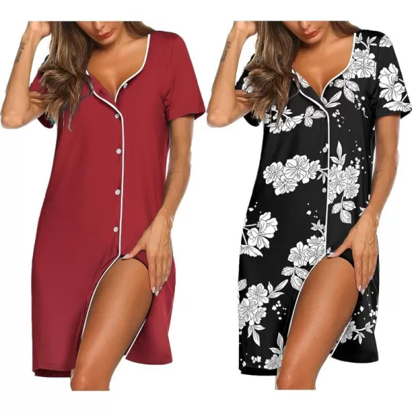 Ekouaer Nightgowns for Women 2 Pack Button Down Sleepshirt Short Sleeve Nightshirt Soft Sleepwear V Neck Pajama DressRedBlack Floral