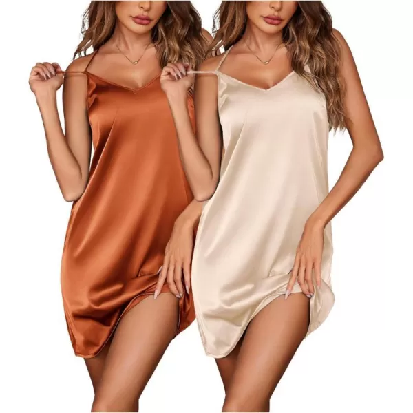 Ekouaer Nightgowns for Women 2 Pack Womens Satin Slip Dress Chemise Nightdress Sexy Sleepwear Silk PajamasGp6champagnerust Brown