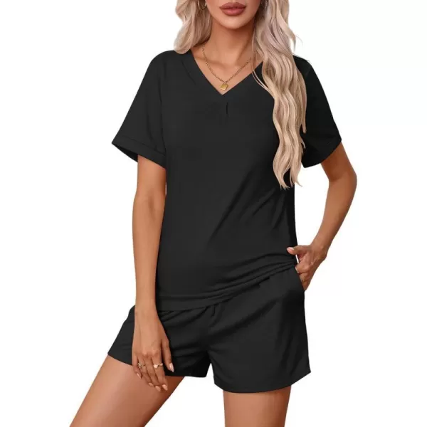 Ekouaer Pajamas Set Womens Short Sleeve V Neck Tee Top and Shorts Sleepwear 2 Piece PJ Sets SXXLBlack