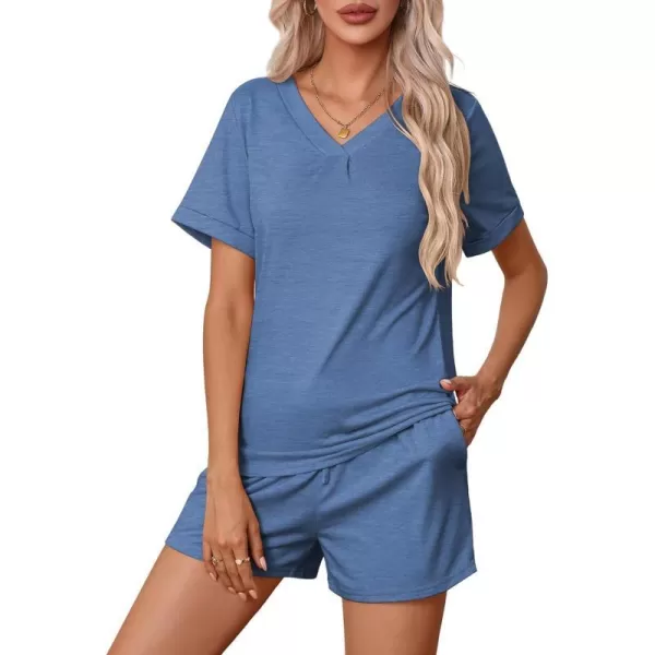 Ekouaer Pajamas Set Womens Short Sleeve V Neck Tee Top and Shorts Sleepwear 2 Piece PJ Sets SXXLBlue