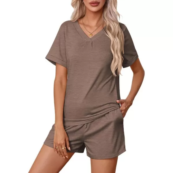 Ekouaer Pajamas Set Womens Short Sleeve V Neck Tee Top and Shorts Sleepwear 2 Piece PJ Sets SXXLBrown