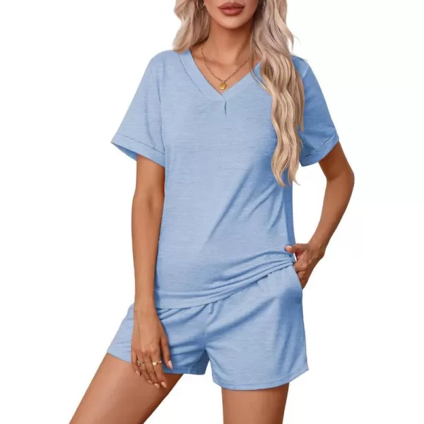 Ekouaer Pajamas Set Womens Short Sleeve V Neck Tee Top and Shorts Sleepwear 2 Piece PJ Sets SXXLClear Blue